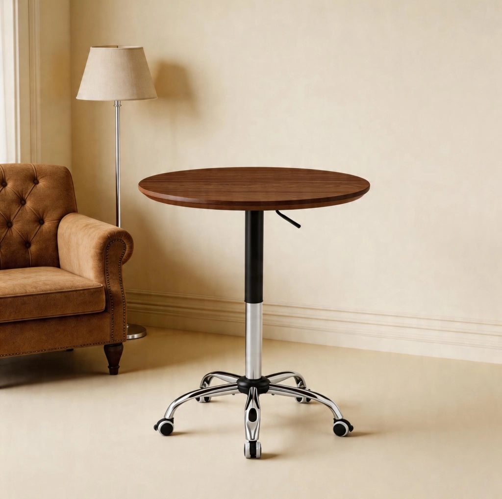 Tavolo rotondo regolabile in altezza con ruote; ? 70 cm; MDF e metallo; noce