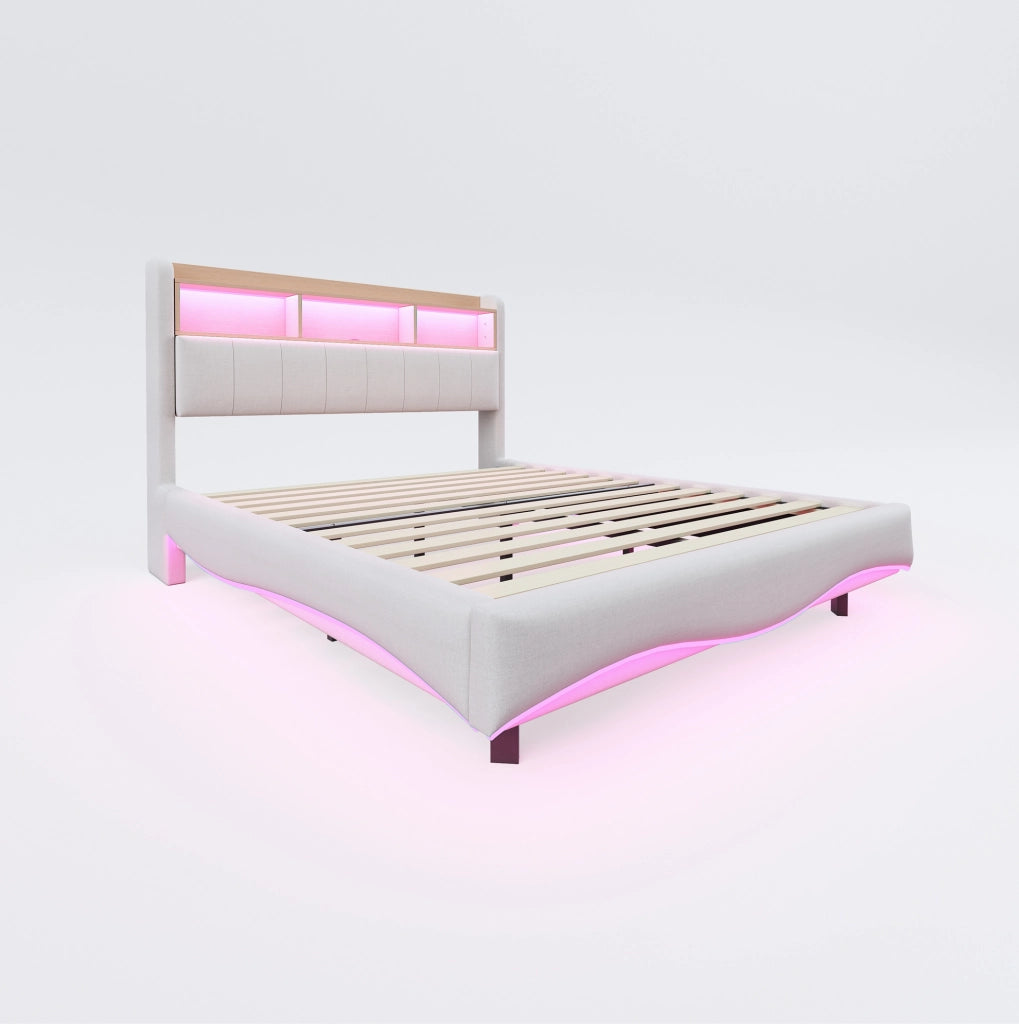 Letto imbottito sospeso 160x200 cm con LED; USB e Type-C; contenitore testiera; beige