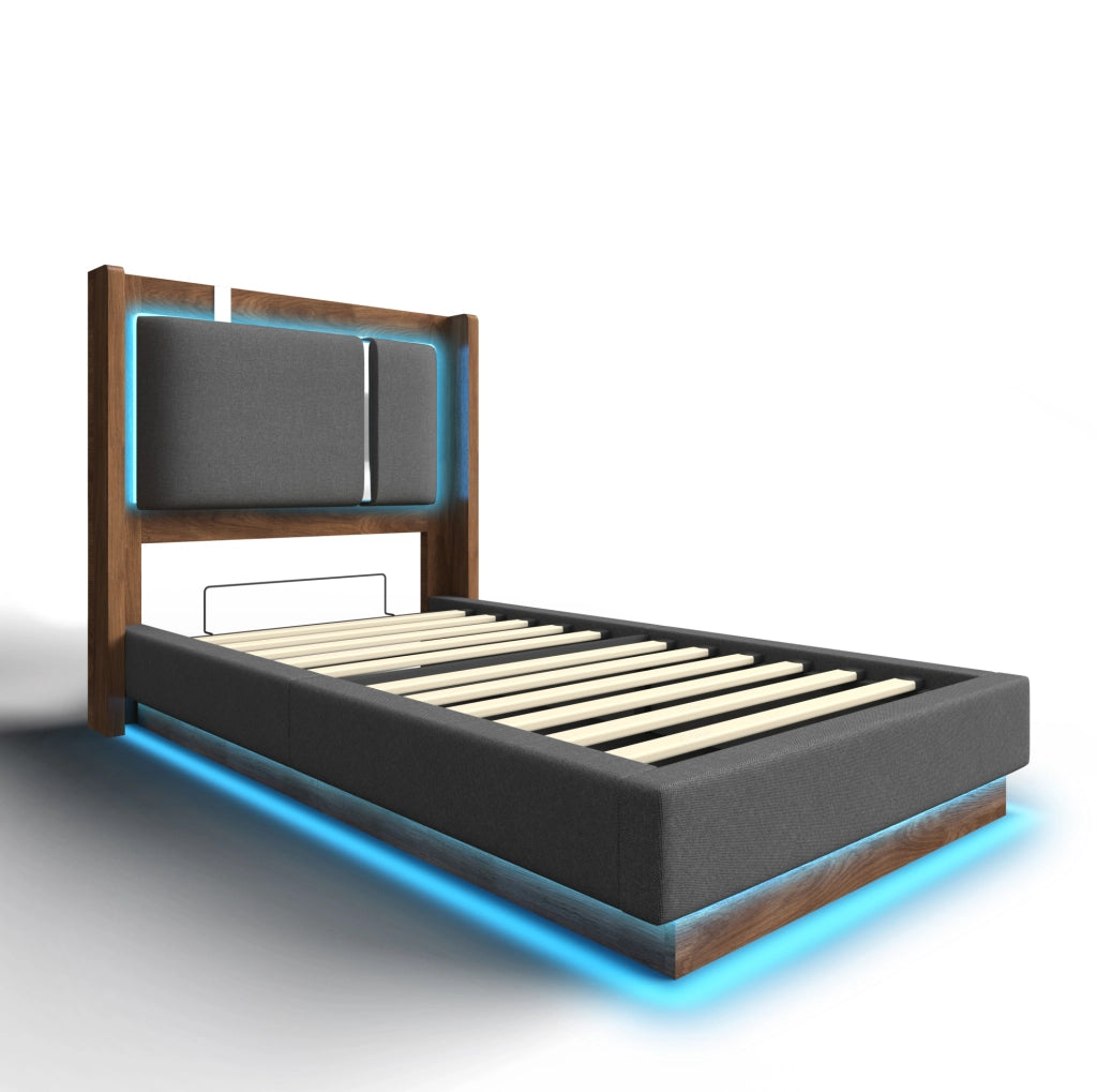 Letto imbottito 90x200 cm con LED; contenitore sollevabile e rete; grigio e noce