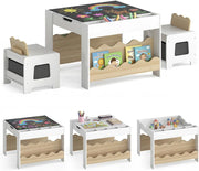 4 in 1 Set Tavolo e 2 Sedie per Bambini 3+ Anni (Naturale e Bianco) | Tavolo e Sedie con Lavagna Rimovibile, Sedia con Cassetto in Tessuto, Mobile in Legno Versatile per Cameretta e Soggiorno