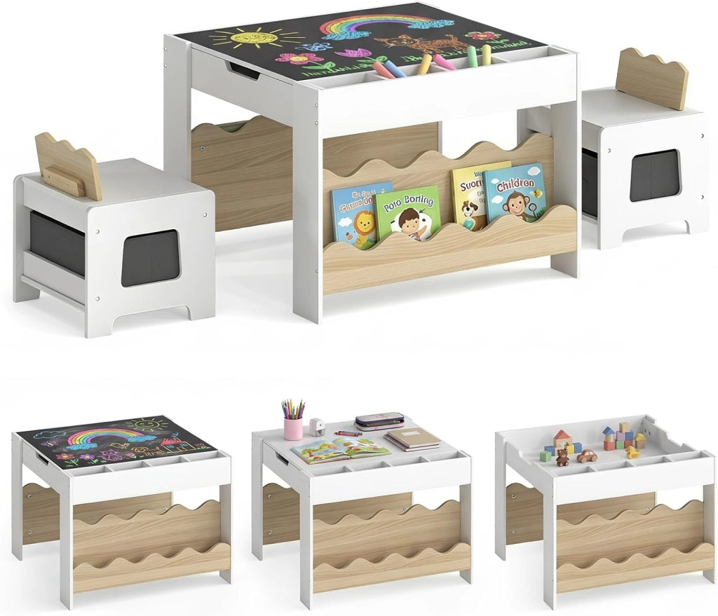 4 in 1 Set Tavolo e 2 Sedie per Bambini 3+ Anni (Naturale e Bianco) | Tavolo e Sedie con Lavagna Rimovibile, Sedia con Cassetto in Tessuto, Mobile in Legno Versatile per Cameretta e Soggiorno
