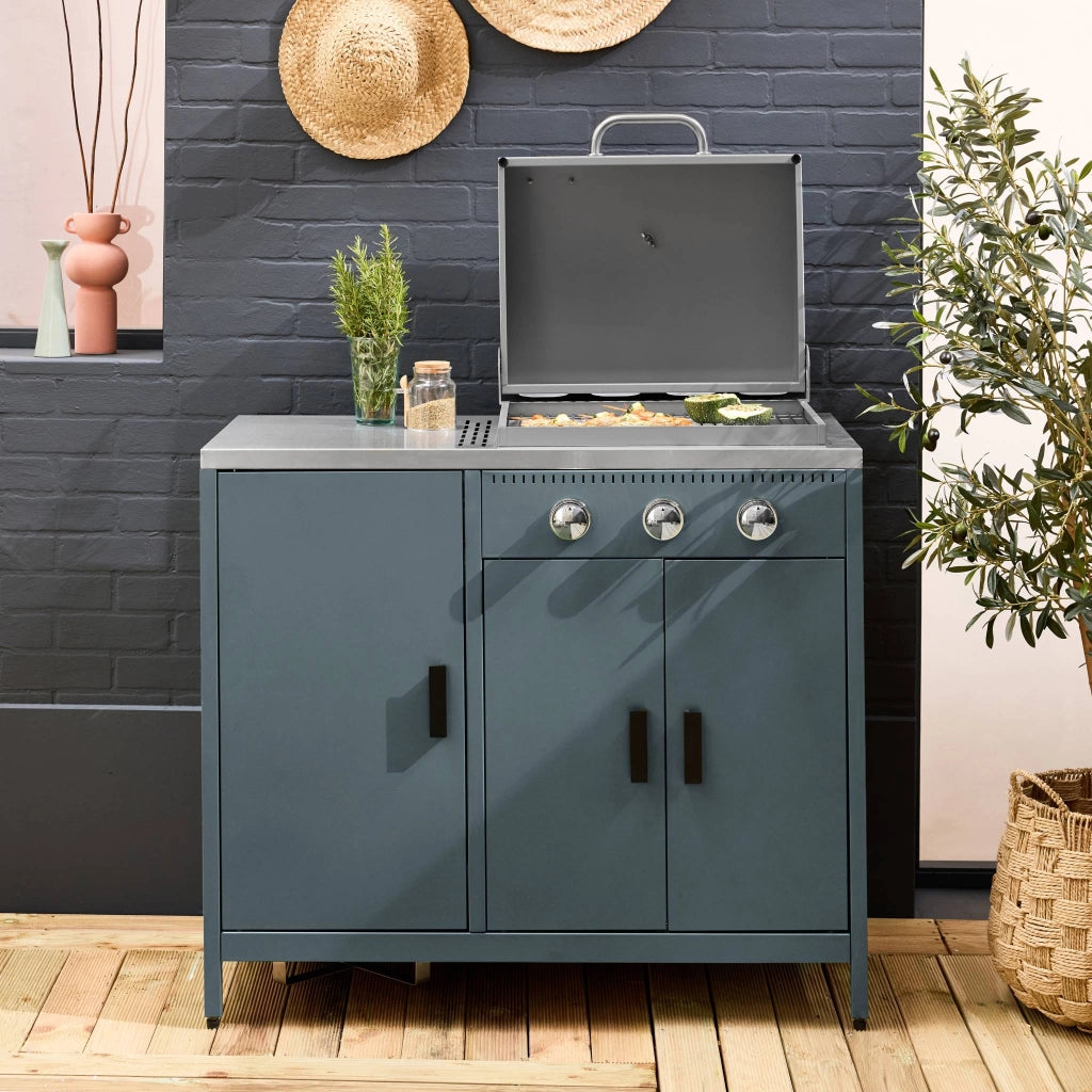 Barbecue a gas 3 bruciatori, 3 ante, 2 spazi di stoccaggio, blu grigio
