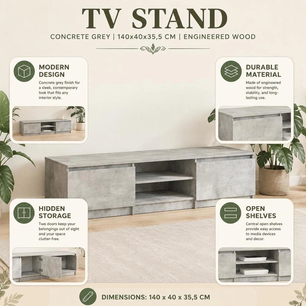 TV Cabinet Concrete Grey 140x40x35.5 Cm Wood-based Material