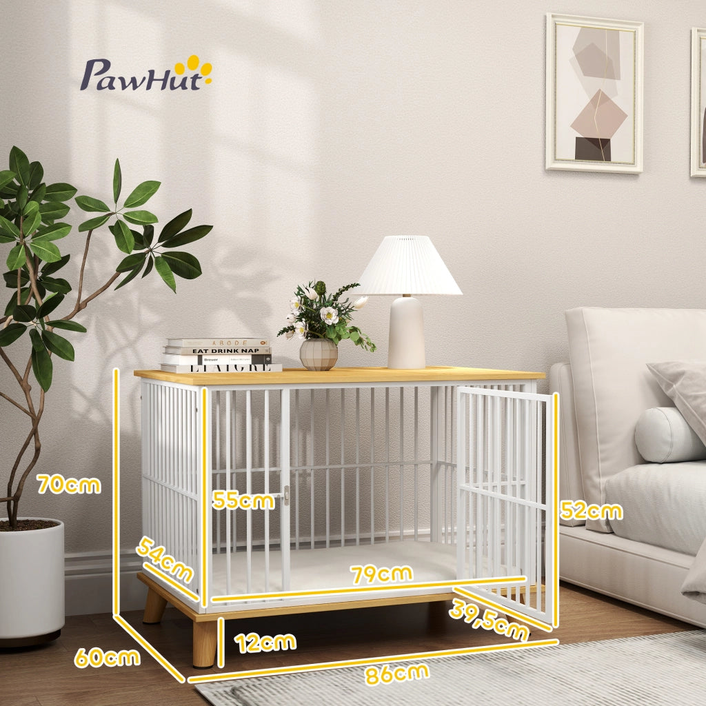 Casetta per cani con tappetino estraibile e porta a chiusura ¨C zephmum ¨C 86x60x70 cm, bianco e grigio, metallo
