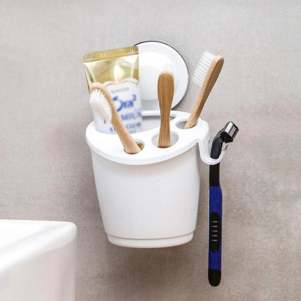 Trade Shop - Porta Spazzolini Dentifricio A Ventosa Bianco Contenitore Parete Bagno 59541 -