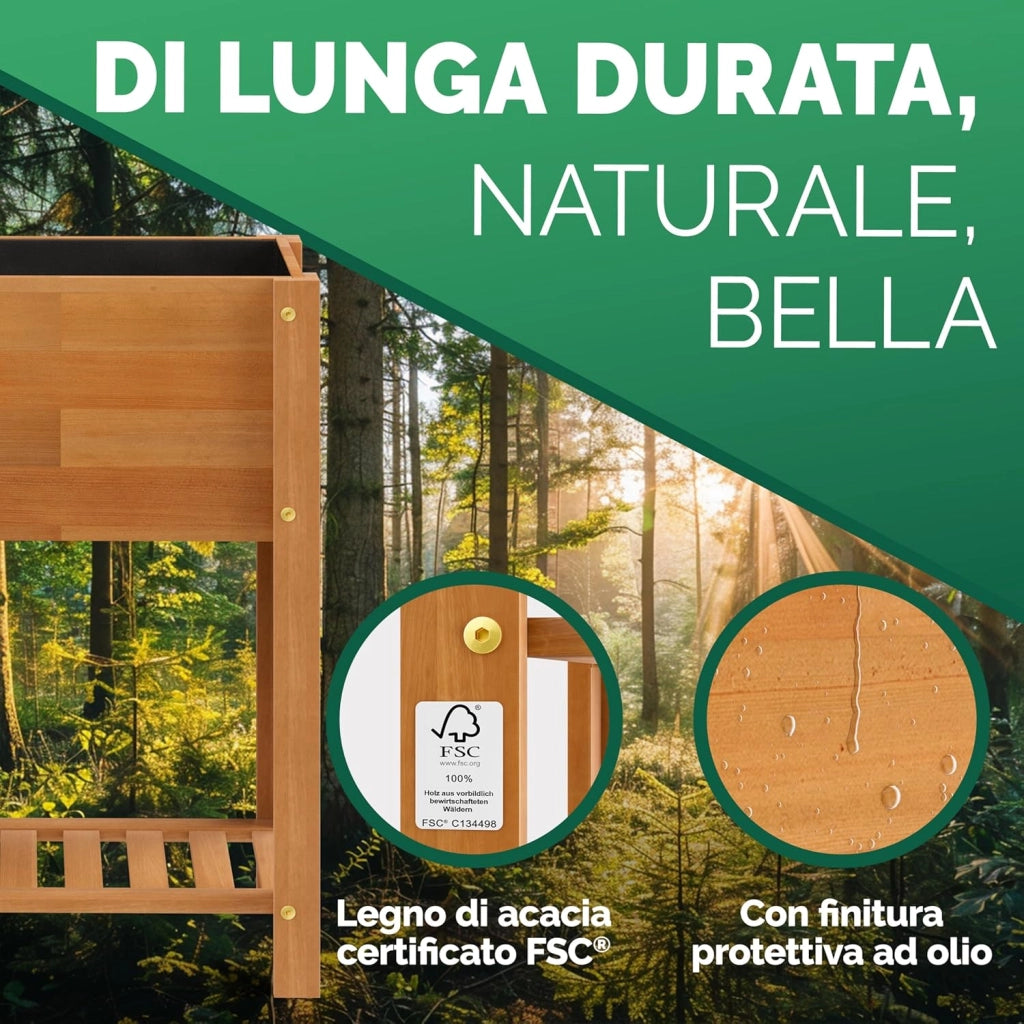 ® Aiuola Rialzata 68x30x75cm in Acacia Certificata FSC® a 2 Livelli Orto Urbano in Cassetta Fioriera Giardinaggio Balcone