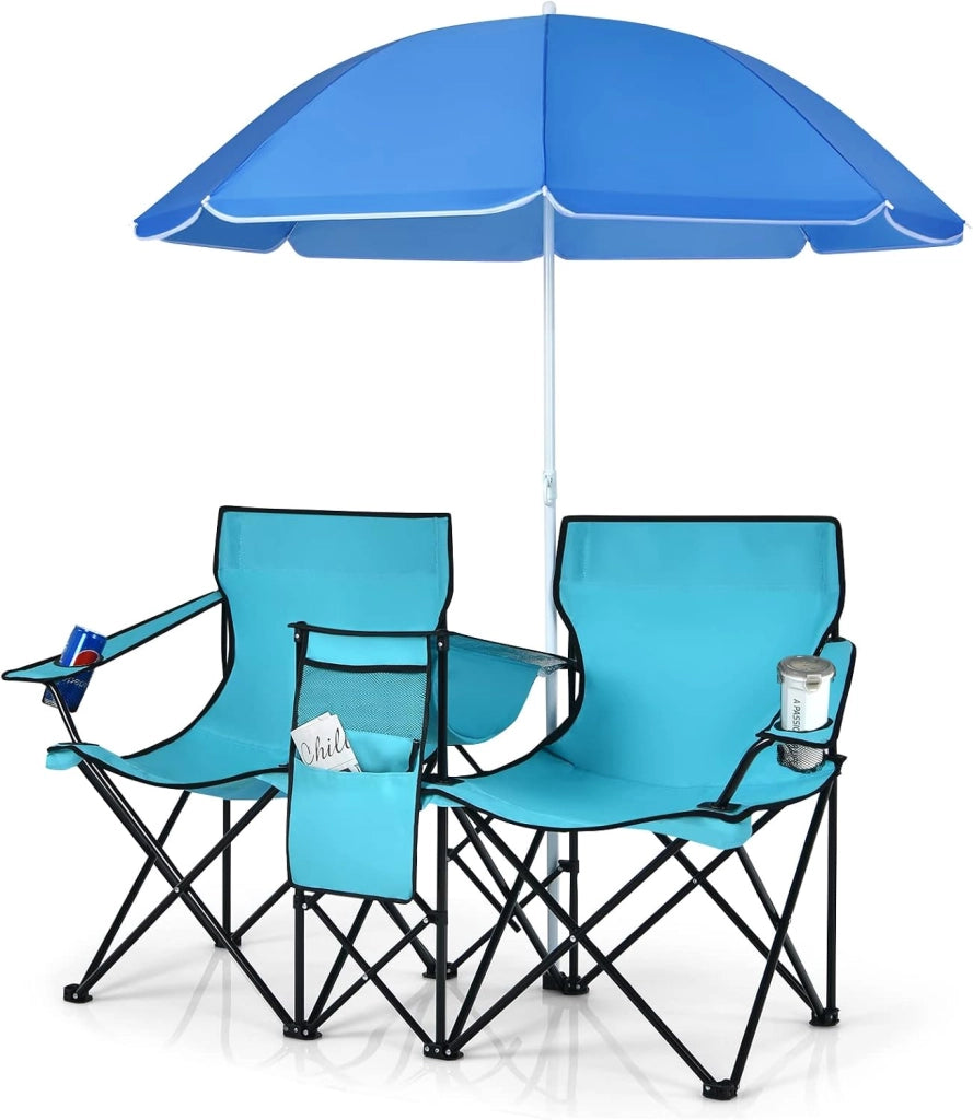 Sedia Pieghevole da Campeggio Doppia, 2 Sedie da Esterno con Tettuccio Parasole Regolabile, Sedia da Pesca Portatile con Borsa Frigo, Borsa Laterale e Portabevande per Picnic (Turchese)