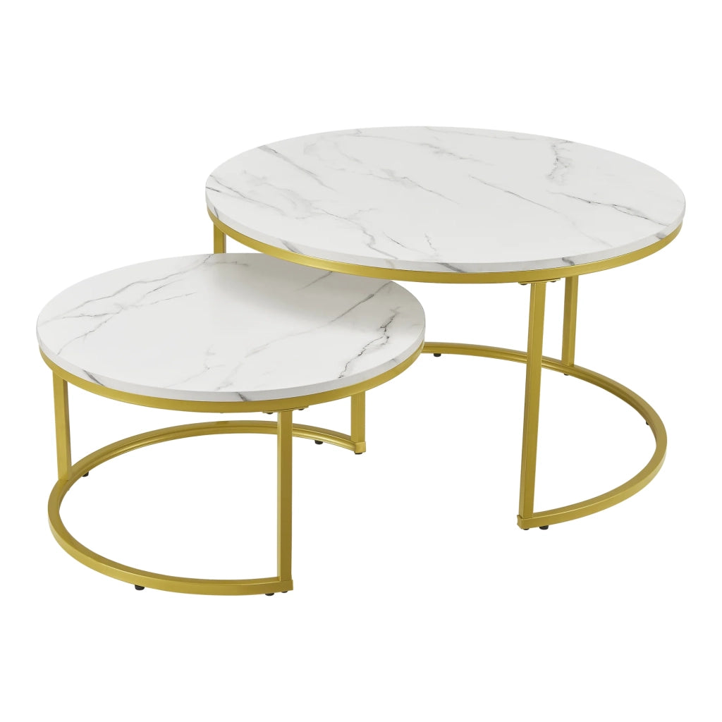 Set di 2 tavolini rotondi impilabili effetto marmo bianco e oro 03_0008355