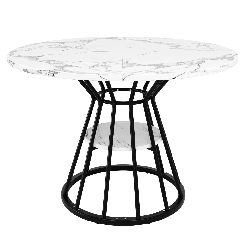 Tavolo da pranzo rotondo con piano in MDF effetto marmo struttura in metallo con ripiano per cucina e soggiorno 100 × 100 × 76 cm
