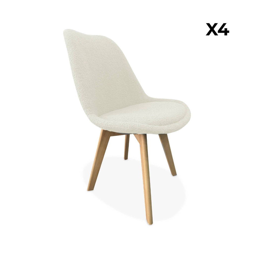 Set 4 sedie scandinave bouclé e gambe in legno, bianco
