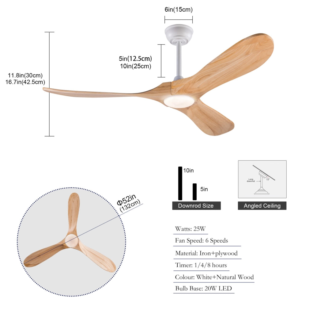 Ventilatore da soffitto 52 pollici con luce LED; 3 pale in legno massello; bianco e naturale