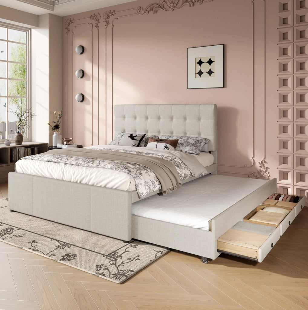 Letto imbottito beige 140x200 cm con letto estraibile e 3 cassetti
