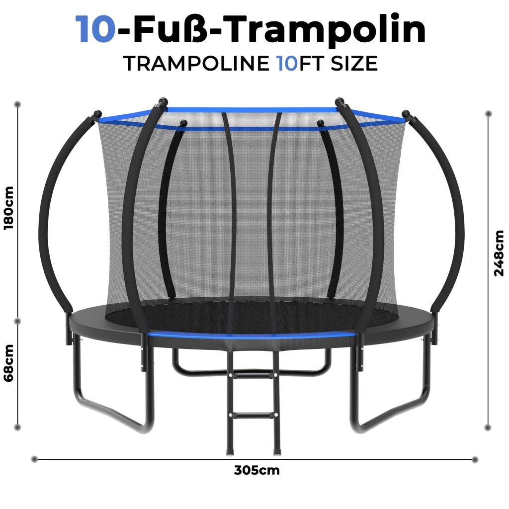 Trampolino da esterno tondo con rete di sicurezza e scala in acciaio nero e blu 305 × 305 × 248 cm