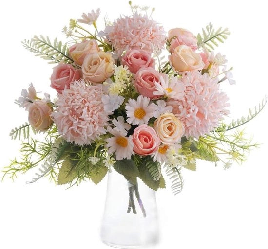 Bouquet di fiori di seta hortensia - Fiori di plastica zinnia - Decorazione di matrimonio per tavola centrotavola - 3 confezioni (rosa) bouquet di fiori artificiali