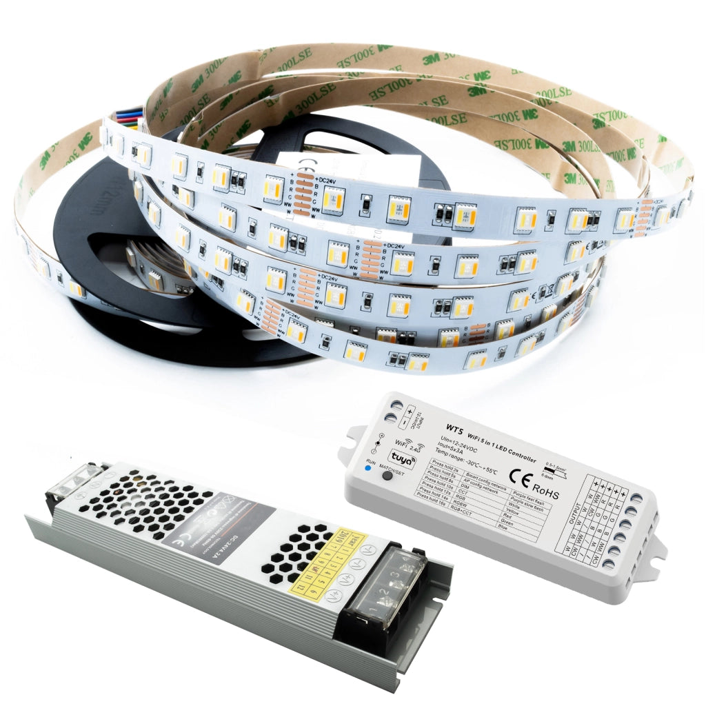 KIT Striscia LED 100W 24V luce multicolore RGB CCT da 3000K-6000K centralina WiFi SMART Alexa GoogleAPP sound control 5m