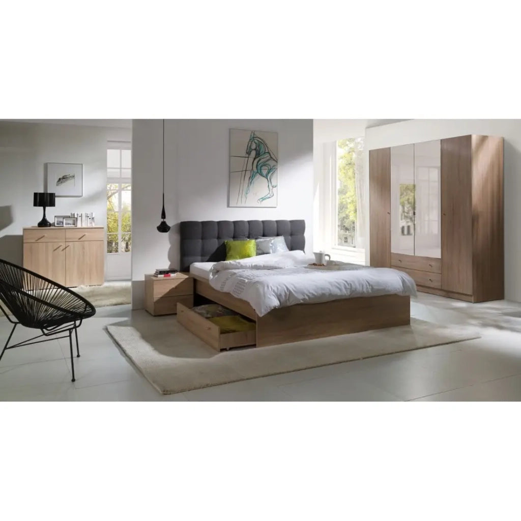 Letto 160x200 MAXIM con cassetto e rete a doghe colore rovere chiaro e testiera grigia