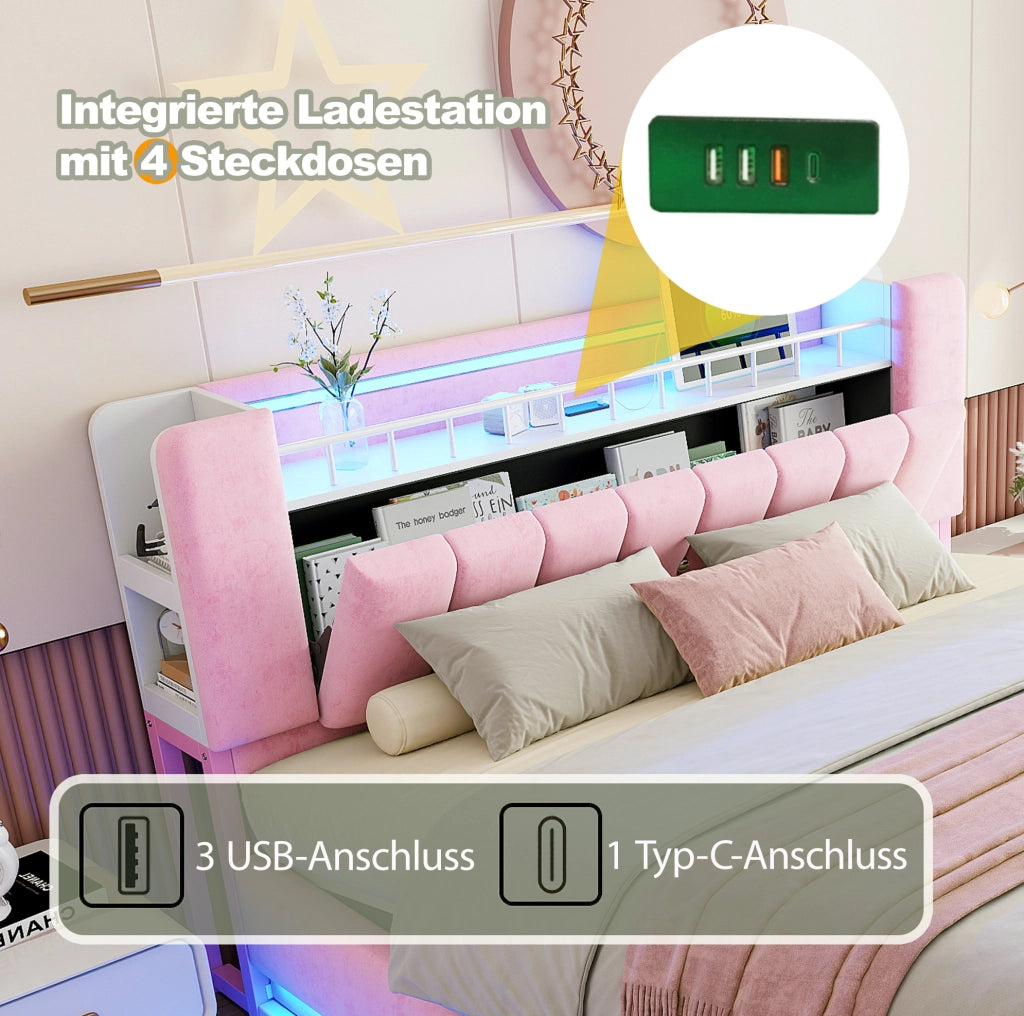 Letto imbottito 160x200 cm con LED; USB; contenitore idraulico e rivestimento in velluto rosa