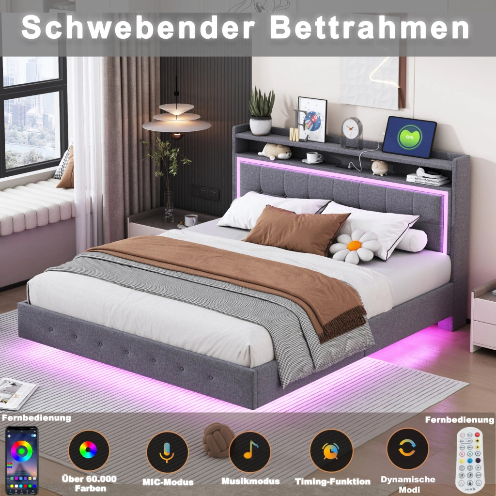 LETTO Imbottito 140x200 cm Grigio con USB e LED