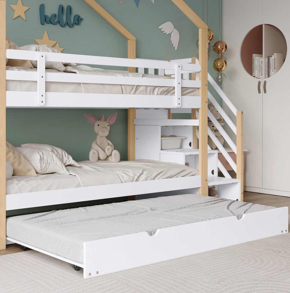 Letto a castello a casetta con letto estraibile; scala con cassetti; 90x200/90x190 cm; bianco naturale