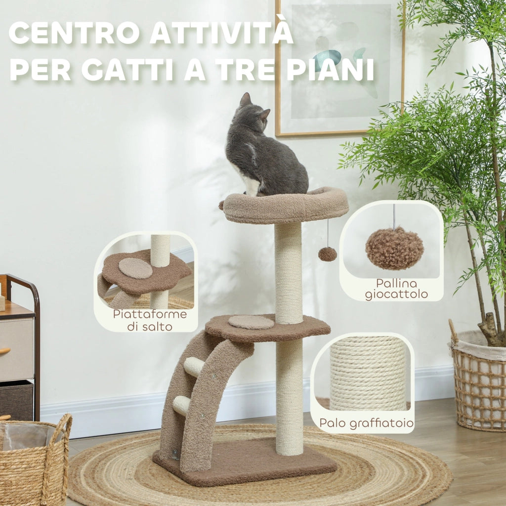 Albero Tiragraffi per Gatti 3 Livelli 48x40x88 cm Cuccia Rialzata in Juta e Peluche Bianco e Marrone