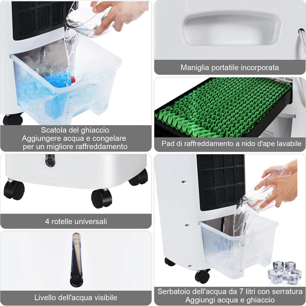 Condizionatore Portatile 4 in 1, Con Raffreddamento, Ventola, Umidificazione, Purificazione, Serbatoio dell’acqua di 7 L, 7,5 H Timer, Con Telecomando e Ruote