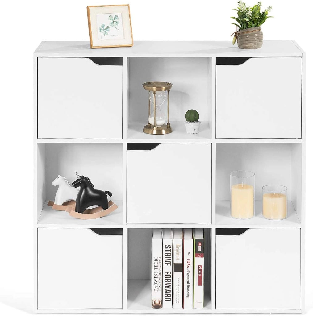 Armadietto Libreria a 3 Livelli, con 6/9 Scomparti, 3/5 Ante, Mobiletto Portalibri Moderno, Multiuso e Salvaspazio, Ideale per Soggiorno, Studio, Ufficio, Camera (Bianco, 90x29x90 cm)