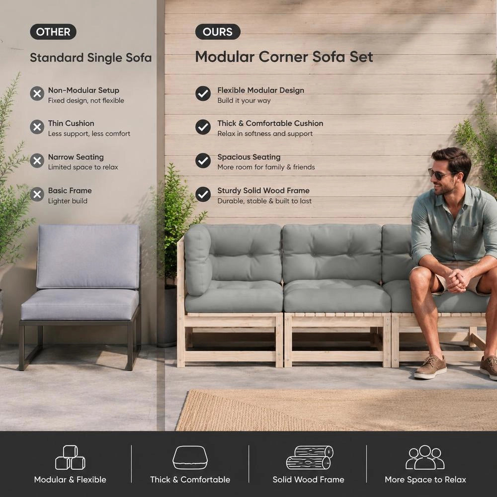Garden Corner Sofa With Cushions, Solid Pine Wood
