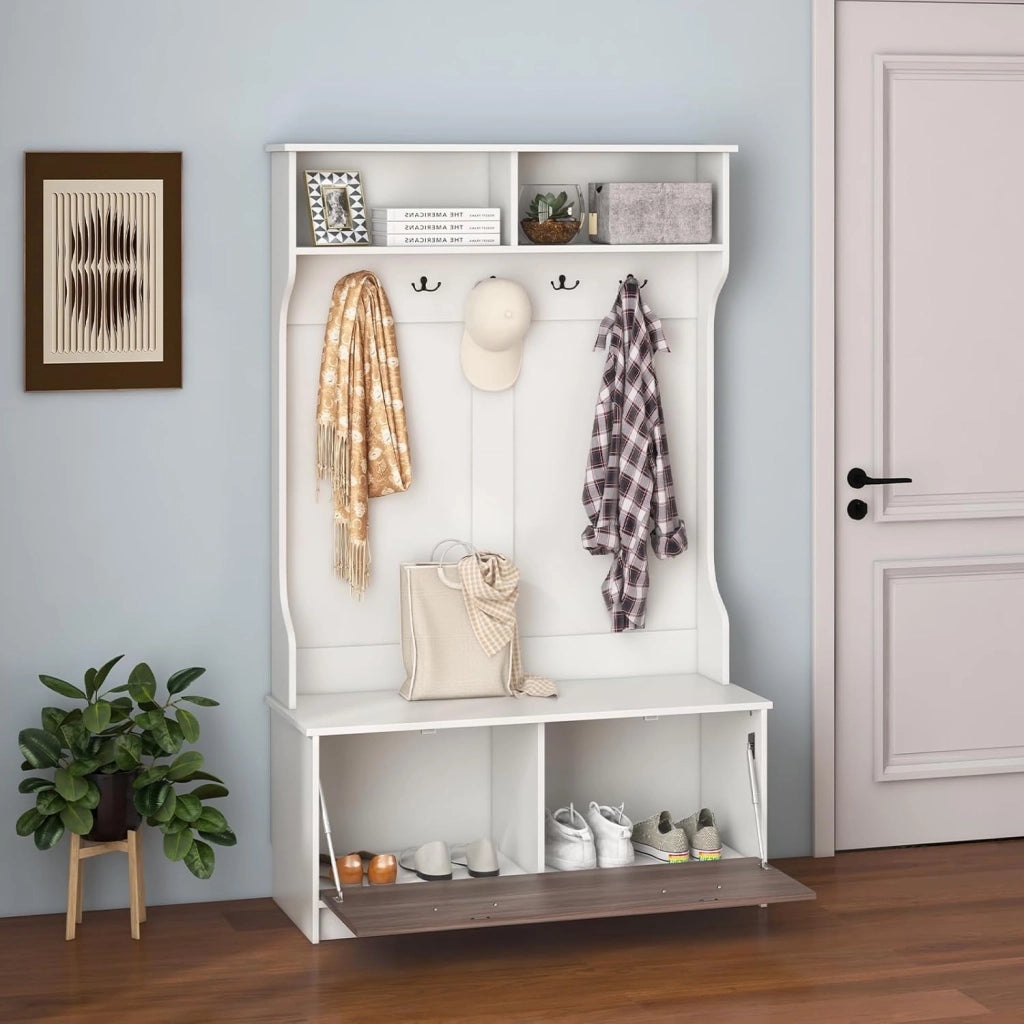 Armadio con Appendiabiti Multifunzionale, con Panca 5 Ganci Doppi, Organizzatore di Casa Indipendente per Ingresso Camera da Letto, 100x39x160 cm (Bianco)