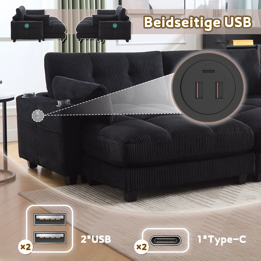 Divano modulare in tessuto a coste con 4 portabicchieri 4 tasche laterali porte USB e cuscini nero