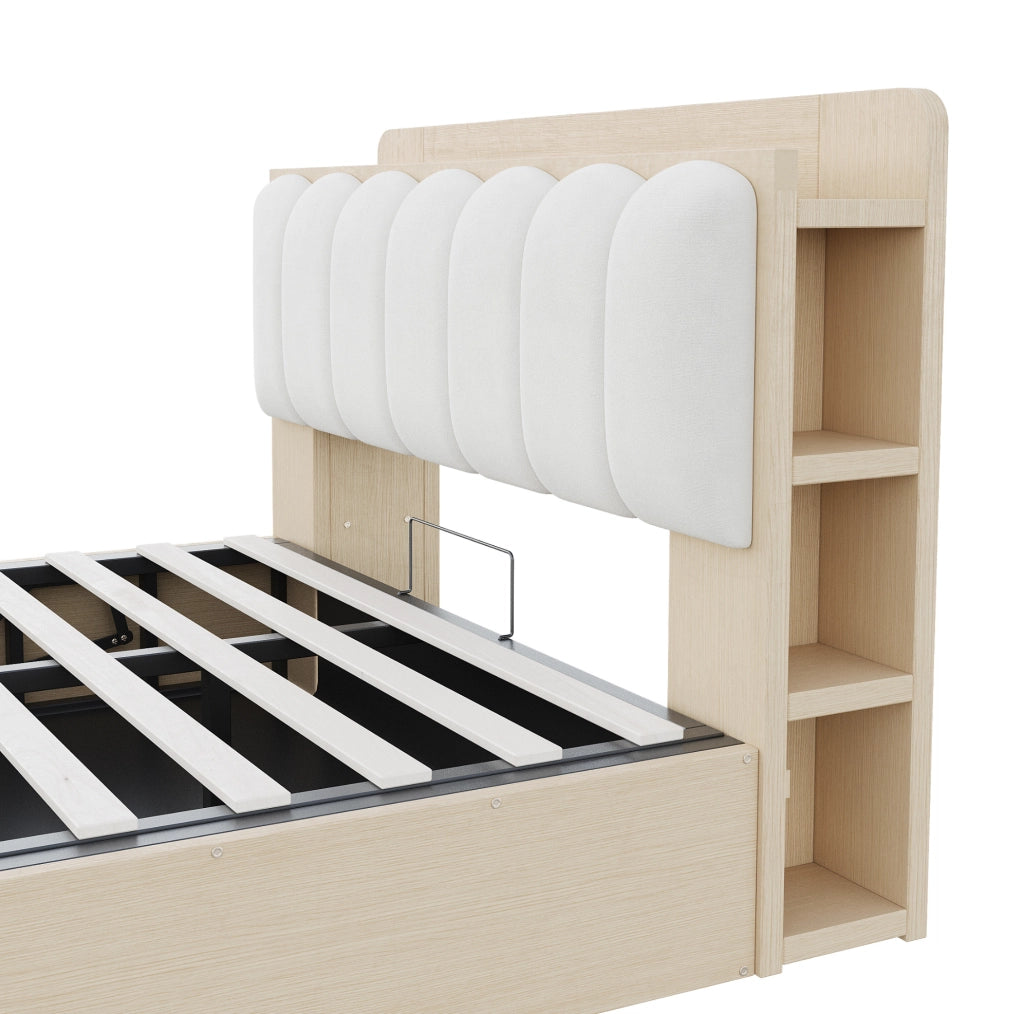 Letto 140x200 cm con contenitore idraulico; testiera con vani; USB e luce; legno colore naturale