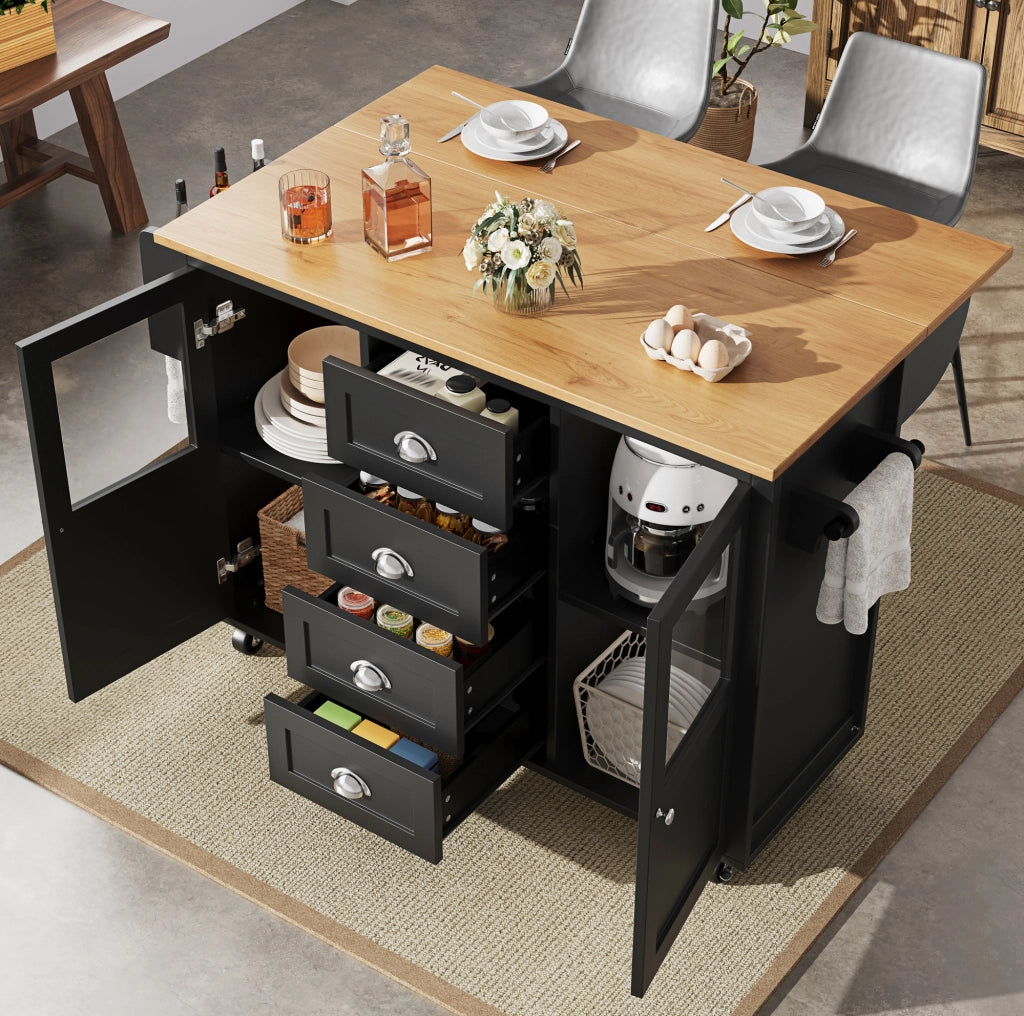 Isola da cucina 137.9x73x92.5 cm pieghevole con ruote in MDF e metallo nera