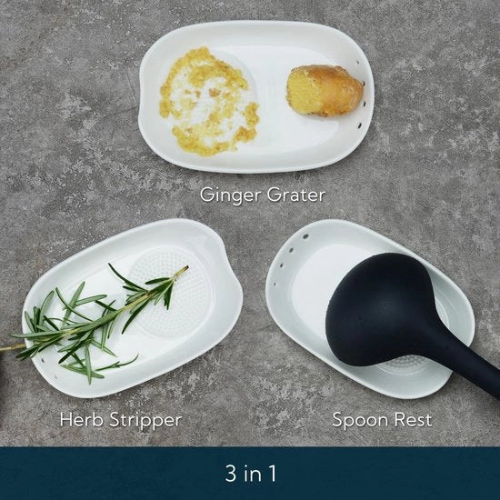 Spazzola ceramica 3 in 1 con raccoglitore erba, stracciatore con pennello mini, facile da pulire e da riporre, piatto raschiatore per gengibre, aglio, cipolle e altro.