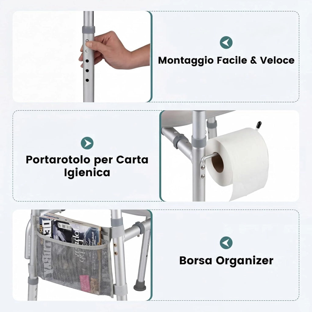 Ringhiera di Sicurezza per WC portata 136 kg, Barra Bagno in Alluminio con Altezza Regolabile 49-59 cm, Maniglie Antiscivolo e Schienale Rimovibile, Sedile WC per Anziani e Donne Incinte
