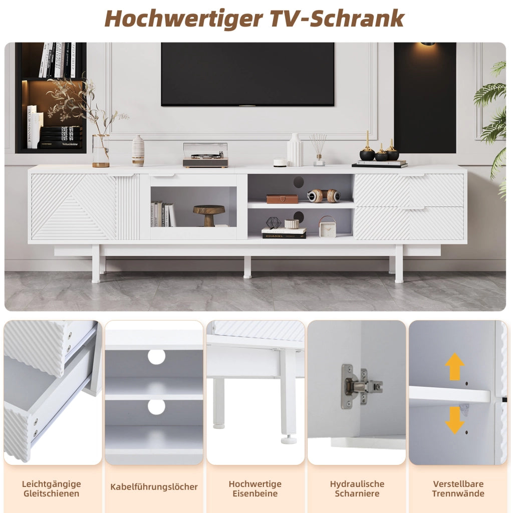 Mobile TV ULEVR 200x40x50,5 cm con 2 ante, 2 cassetti e ripiani semiaperti, bianco
