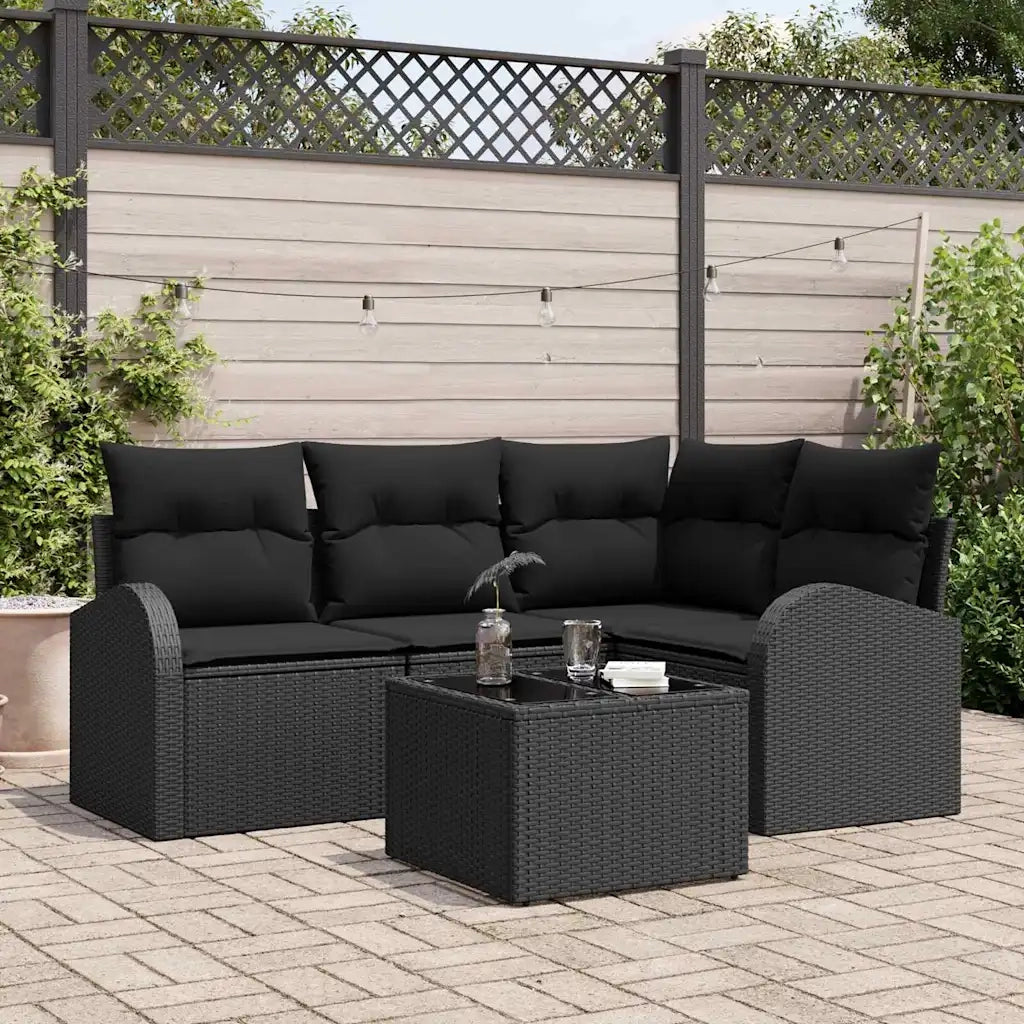 Set Divano da Giardino con cuscino 5 pcs Nero polyrattan