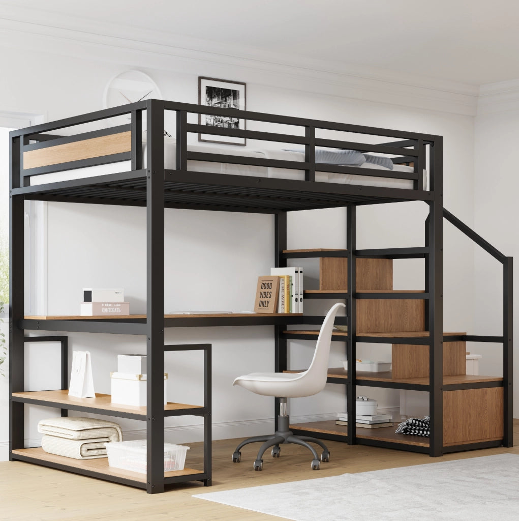 Letto a soppalco 140x200 cm con scrivania, scaffali e scala contenitore in metallo nero
