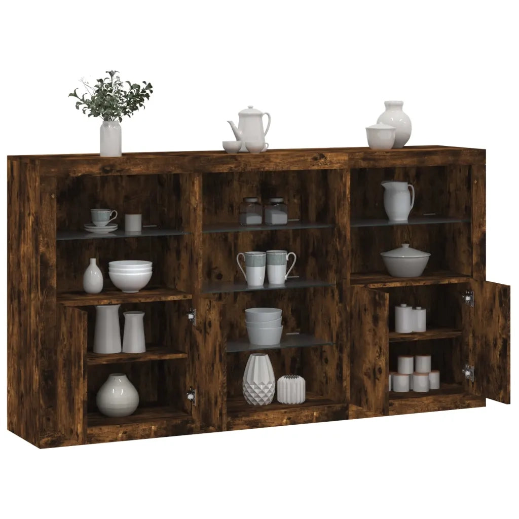 Credenza con Luci LED-Buffet-Armadio da cucina Rovere Fumo 181,5x37x100 cm 618501