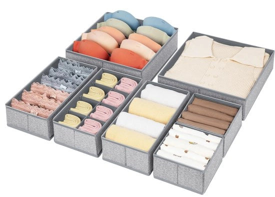Organizzatore di carico per armadi - Set di 7 organizzatori per abbigliamento, sistema di archiviazione e organizzazione per armadi, abbigliamento per bambini, calze, pannolini, tessuto grigio.