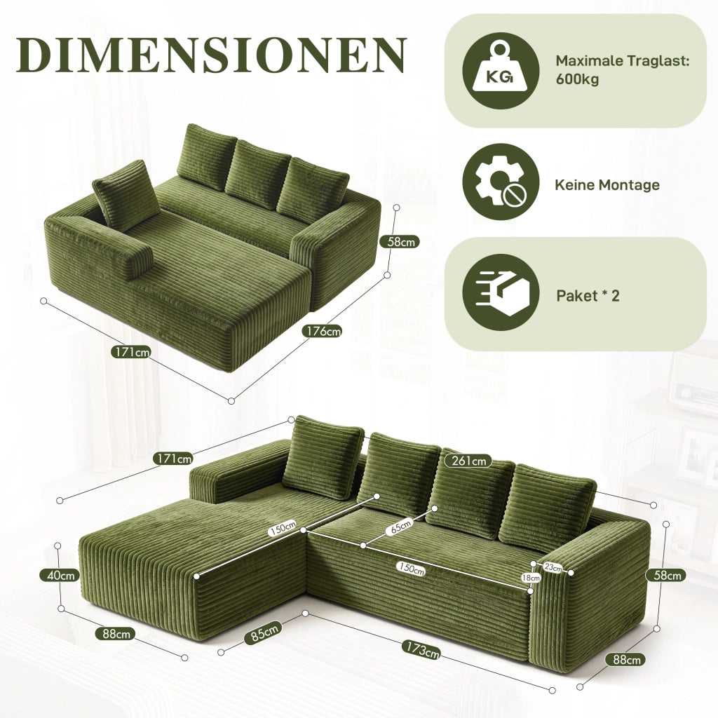 Divano angolare modulare reversibile con chaise longue e seduta profonda in velluto a coste verde 261 × 168 × 58 cm