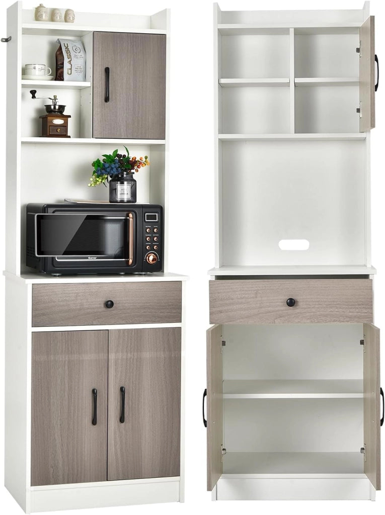 Credenza Alta da Cucina 180 cm, Mobile Cucina Dispensa con Fori Cavi, Mobile Buffet con Ripiano Regolabile, 3 Ante e Cassetto, per Soggiorno, Sala da Pranzo, Bagno, 60 x 40 x 180 cm (Bianco)