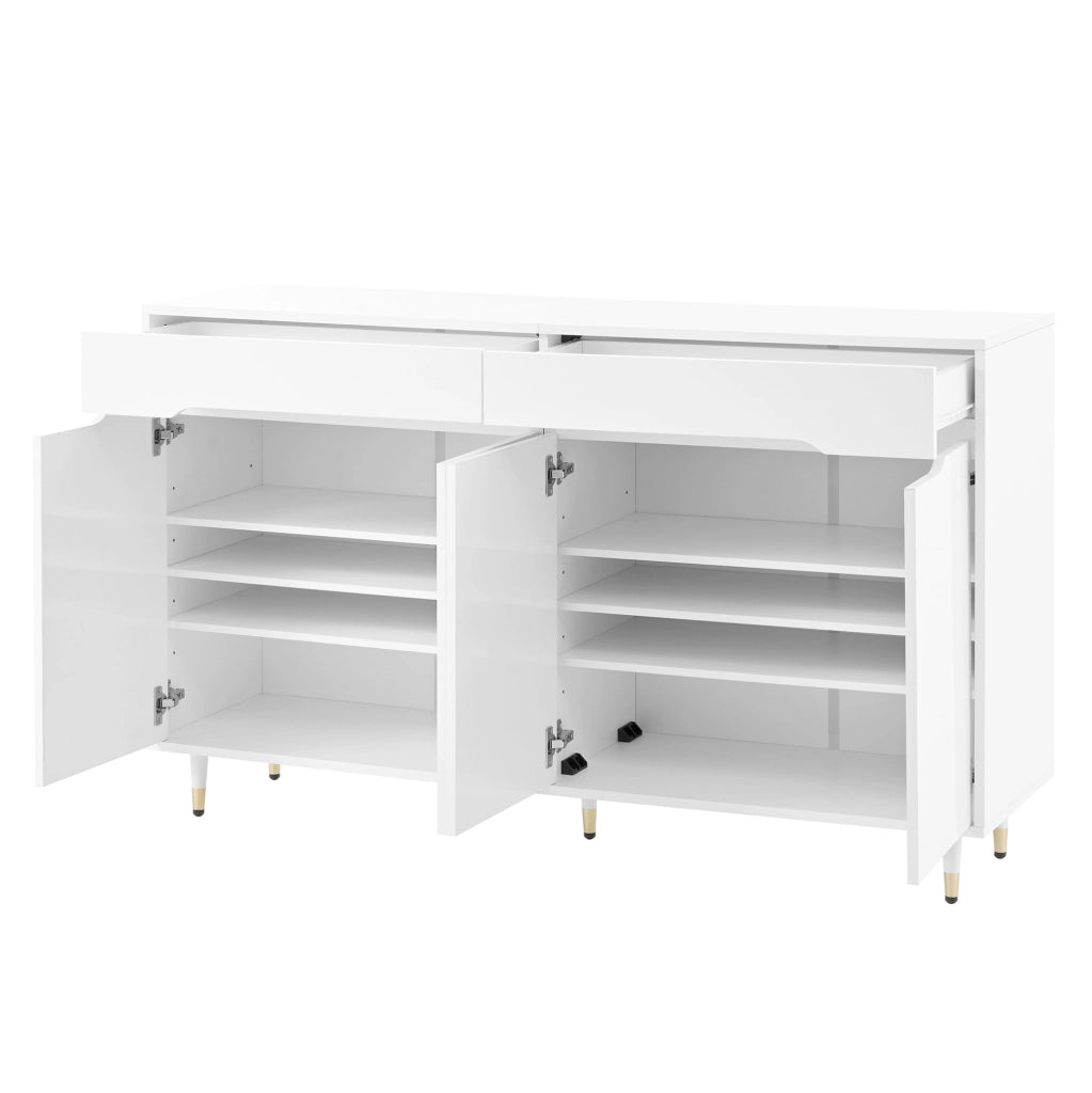 Armadio portascarpe moderno 140x39x84 cm bianco con gambe dorate; 2 cassetti e ripiani regolabili