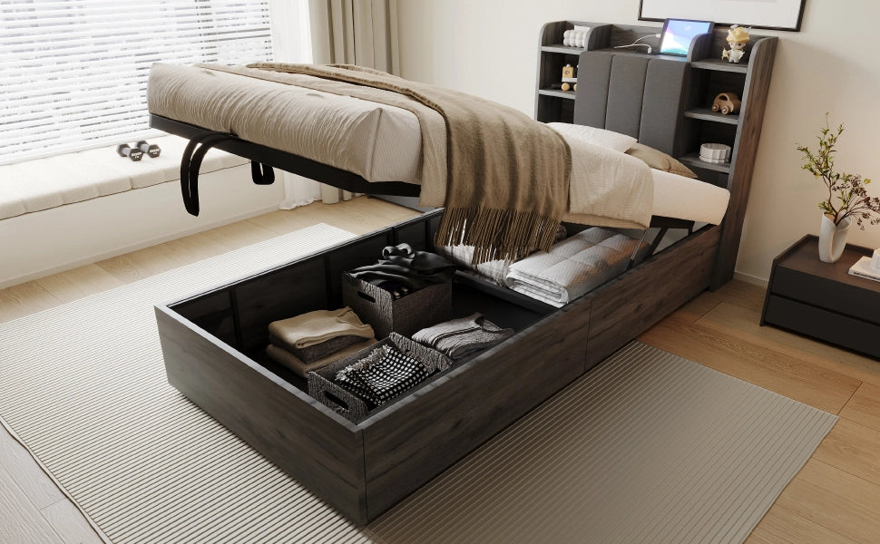 DESMIU Letto singolo 90 × 200 cm con contenitore idraulico, USB e Type-C, testiera con vani, senza materasso, in MDF, grigio