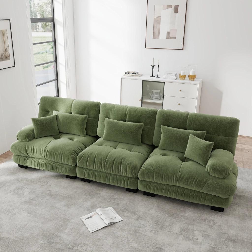 Divano angolare modulare a 3 posti con seduta profonda e cuscini, in ciniglia verde 313 × 77 × 81 cm