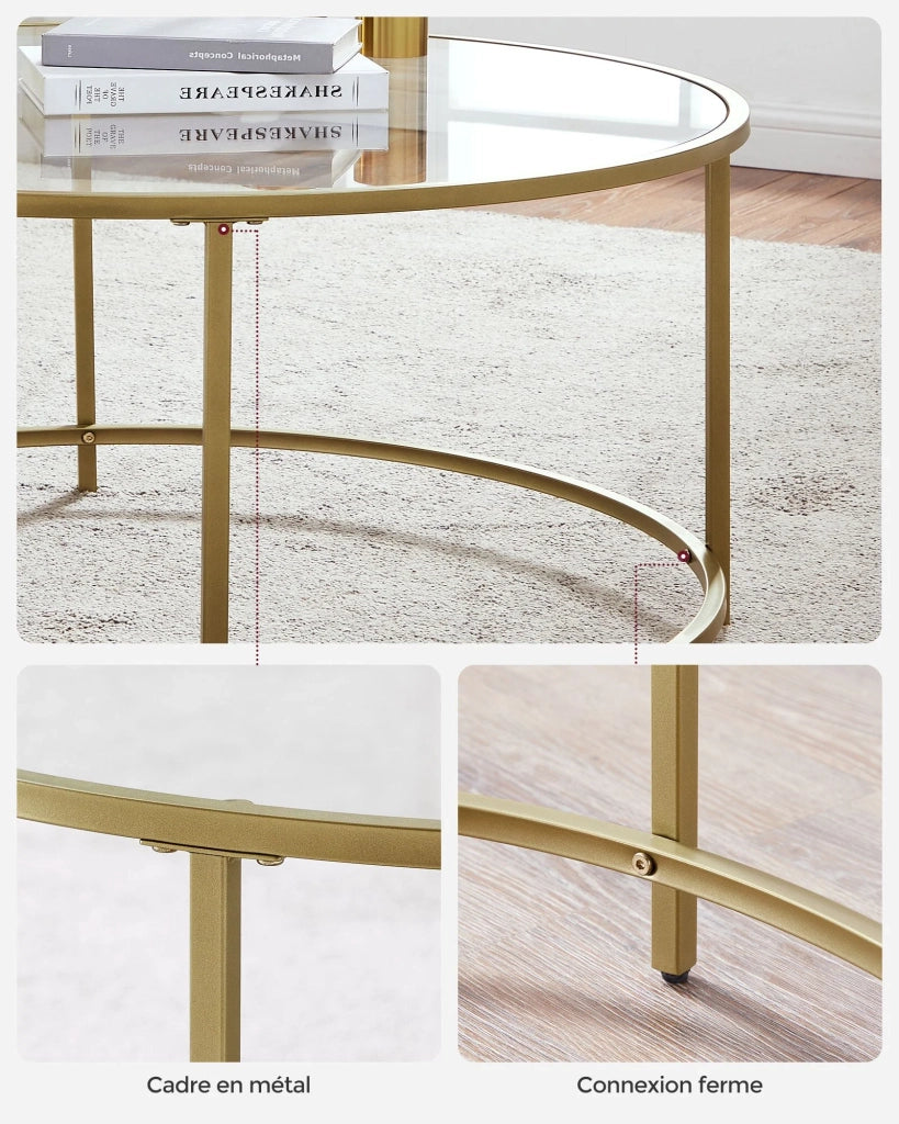 Tavolino rotondo con piano in vetro temperato 84 x 84 x 45,5 cm struttura in metallo dorato tavolino da soggiorno/da salotto robusto e stabile finitura decorativa dorata 12_0007458