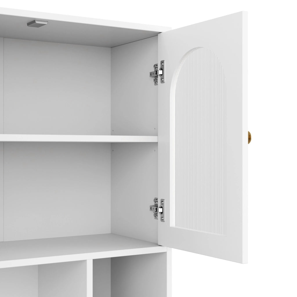Credenza alta bianca con LED APP, ante acriliche e 3 cassetti