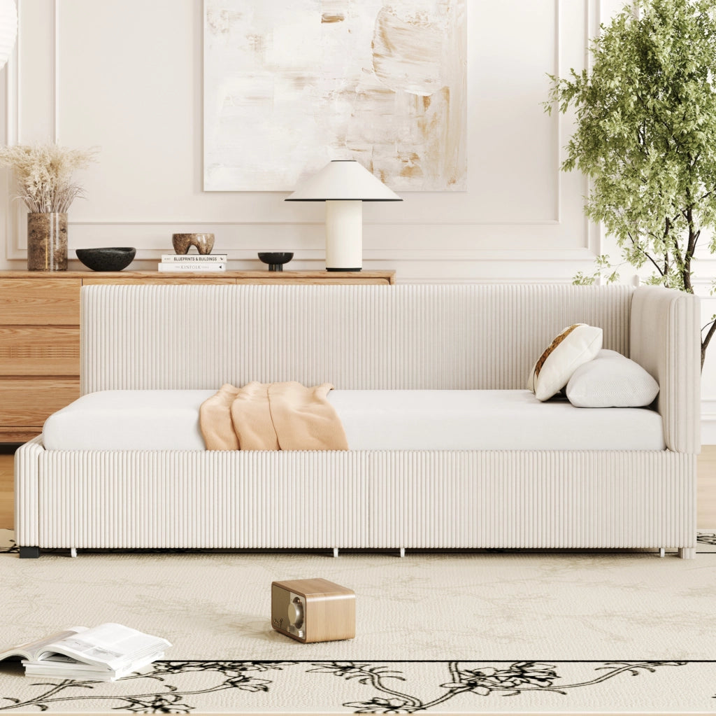 Divano letto classico in velluto; 90x200 cm; con 2 cassetti contenitore; beige