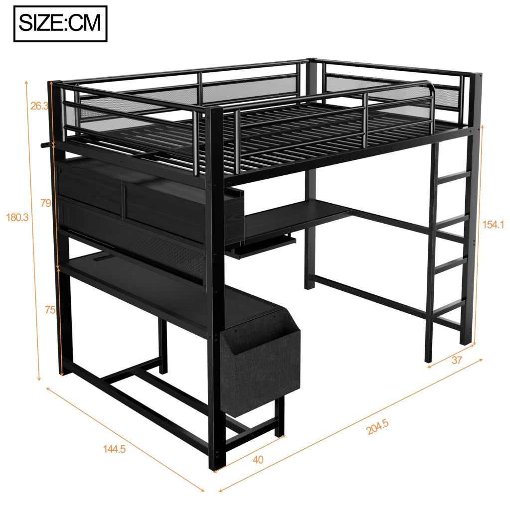 Letto a soppalco 140x200 cm con scrivania; LED e stazione di ricarica in MDF e metallo nero