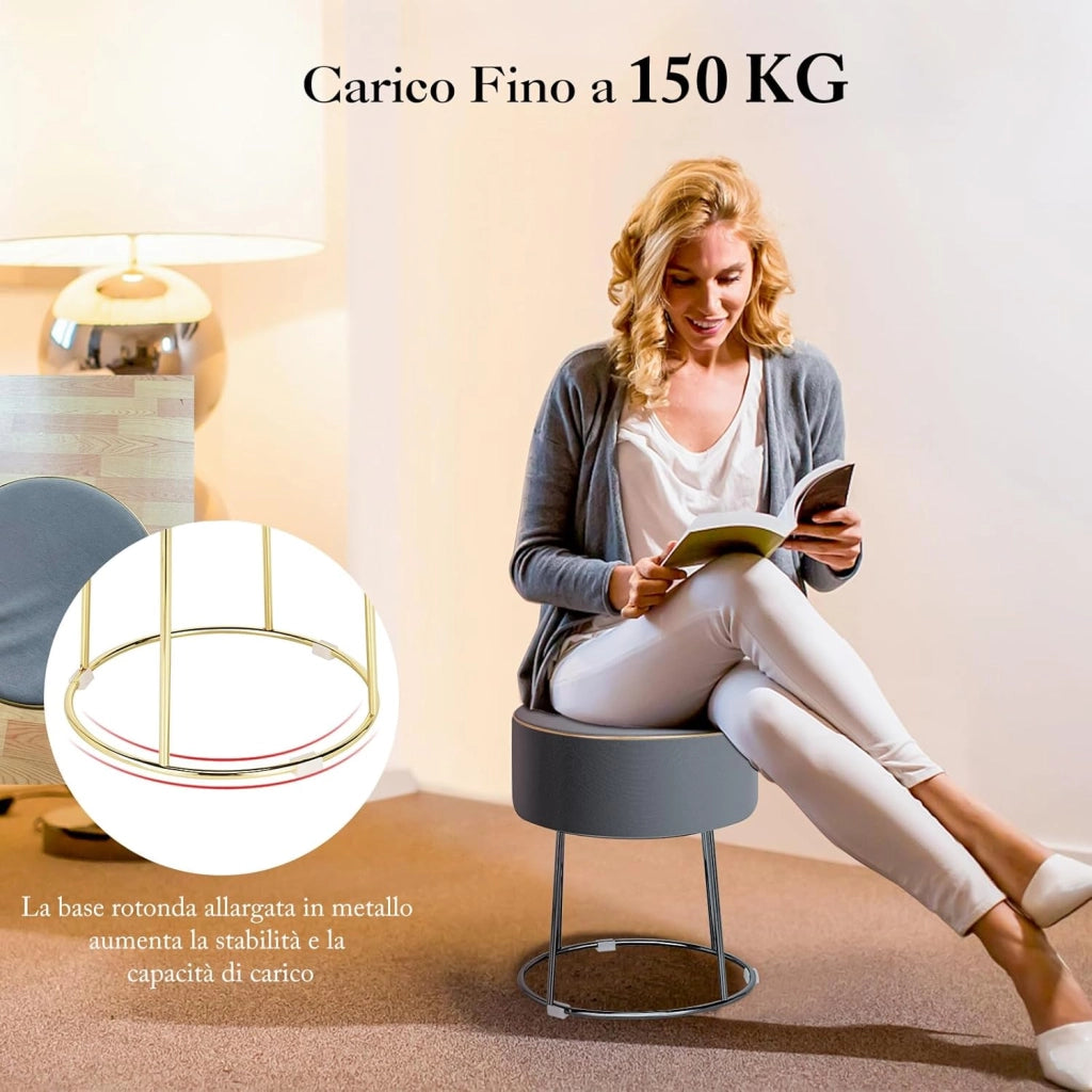 Pouf Rotondo Poggiapiedi 41cm, Sgabello Moderno da Trucco con Base in Metallo, Sedile Imbottito Spesso e Piedini Antiscivolo per Toeletta, Comodino e Divano (Grigio)