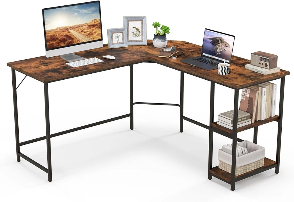 Scrivania Angolare, a Forma di L, Postazione da Lavoro, 3 Ripiani, Industriale, per Casa/Ufficio/Studio, Portata di 140 kg, 138x138x75 cm, Naturale/Marrone/Nero