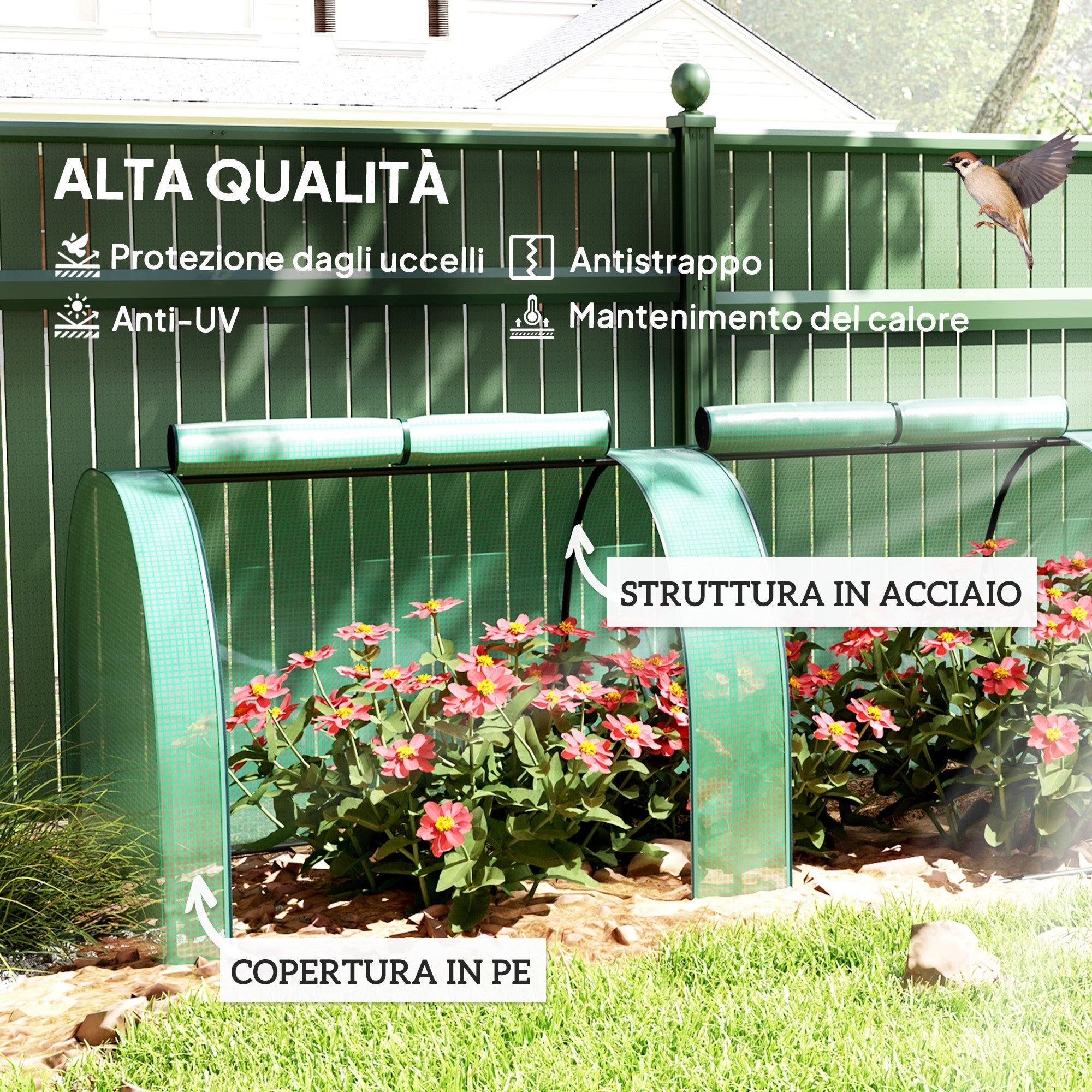 Serra a Tunnel 395x100x80 cm con 4 Porte in Acciaio e Plastica Impermeabile Anti UV Verde